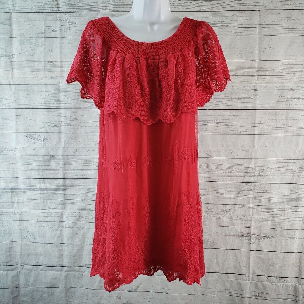 Monoreno Womens Off‎ The Shoulder Top Sz Medium Red Embroidered